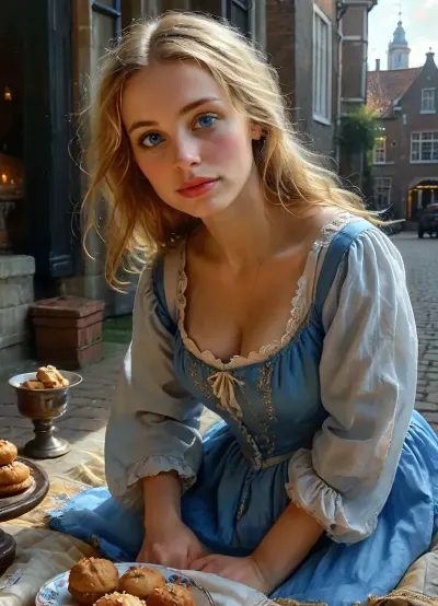 Mrs Shagwell has a picnic. In the style of Vermeer, 50 yo woman, solo, long blonde hair, massive tits, wearing an open 17th Century peasant smock nightgown, (on her hands and knees:1.5), near the Saint Nicolas Basilica Amsterdam at night, kneeling on all fours on a chequered picnic blanket covered in cakes, food and a pot of tea, delicately drinking tea from an ornate China cup and saucer, downblouse view from the front, massive hanging breasts, view from ground level, smiling, laughing, funny, detailed blue eyes, hair blowing in the breeze, masterpiece, best quality, highres, absurdres, ray tracing, moonlight, (view from a side angle at ground level:1.2), ultra detailed, intricate details, (photorealistic:1.5), 8k, UHD, contrast, sharp focus, (masterpiece:1.4), bright blue eyes, huge, breasts, massive, style, of, Jan, Vermeer, <lora:bright_blue_eyes:.2>, <lora:MJ52:.4>, <lora:SDXL_MassiveCowsLoRA_v1:1.1>, <lora:tbh122-sdxl:1.3>