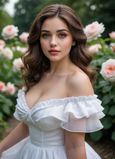 beautiful eyes, elegant hair, curvy princess, white ruffle dress, off-shoulder, rose, garden, soft and tender, dynamic angle, candid photo, ultra realistic