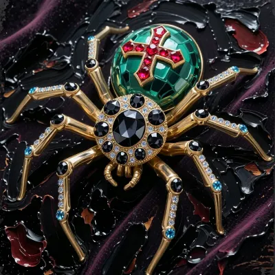 An award-winning fine-art painting masterpiece executed in an elite heavy, chunky Alla Prima impasto style with massive prominent palette-knife oil paint layers and raw rich textured brushstrokes. A spectacular high-jewelry luxury brooch designed as an intricate majestic spider lying elegantly on a dark velvet canvas. At the very front head section, it features exactly eight distinct black diamond eyes and no other gemstones, two large dominant black diamonds are set as the main central eyes in front, perfectly and correctly surrounded along the perimeter by exactly six smaller round black diamonds as auxiliary panoramic side eyes, making a strict total count of eight black eyes arranged as in real life. Its golden metallic legs are beautifully inlaid with tiny sparkling blue sapphires. On the opposite, rear round abdomen section at the back, the emerald-green metallic surface is highly visibly adorned with a majestic cross made of rich, glowing red rubies. The entire canvas is densely covered in a highly tactile matte paint accumulation, with massive, loose blocks of wet oil color and bold palette-knife marks completely defining the gemstone facets, the ruby-red cross on the rear, the metallic golden legs, and the heavy volumetric shadows without smooth digital blending. Masterpiece, rugged paint edge chunks.
