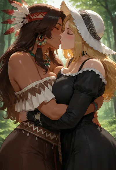 native American MILF Yona, voluptuous, native American outfit, pilgrim MILF Sara, black dress with frills and a white bonnet, both women are hugging, kissing, woods