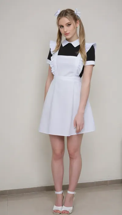 beautiful blonde 18 years old with ponytails girl, white bows, black dress, white apron, soviet school uniform, white sandals, high heels, blonde, small breasts, long legs, looking down, suxl, M3L0DYM4RK5, MELODY-MARKS, Sch0llg1rl, American, European, Scandic, Canadian, uniform, <lora:suxl:.8>, <lora:M3L0DYM4RK5 [vvugot1905cc735fbp19f1]:1.8>, <lora:melody-marks-xl:2>, <lora:Schoolgirl:.8>, opentoeNYX, <lora:opentoeNYX_XL:.8>
