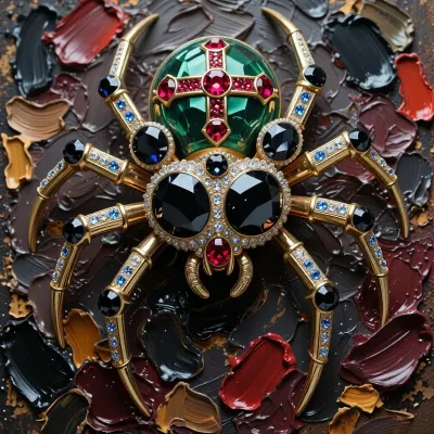 An award-winning fine-art painting masterpiece executed in an elite heavy, chunky Alla Prima impasto style with massive prominent palette-knife oil paint layers and raw rich textured brushstrokes. A spectacular high-jewelry luxury brooch designed as an intricate majestic spider, keeping the exact composition of the reference image. On its front head, it features two massive dominant cushion-cut black diamonds as the main central eyes just like in the reference image. Flanking these main eyes on the sides, add exactly six smaller auxiliary round-cut black diamonds as panoramic eyes, precisely three smaller black diamonds are beautifully arranged along the left side of the head, and three smaller black diamonds are arranged along the right side, making a strict total count of eight separate black diamond eyes as in real life. Its golden metallic legs are beautifully inlaid with tiny sparkling blue sapphires. On the opposite, rear round abdomen section at the back, the emerald-green metallic surface is highly visibly adorned with a majestic cross made of rich, glowing red rubies. The entire canvas is densely covered in a highly tactile matte paint accumulation, with massive, loose blocks of wet oil color and bold palette-knife marks completely defining the gemstone facets, the ruby-red cross on the rear, the metallic golden legs, and the heavy volumetric shadows without smooth digital blending. Masterpiece, rugged paint edge chunks.