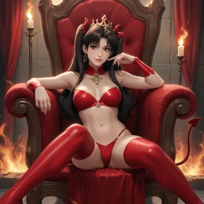rin tohsaka from fate zero dross style reiq, woman, Sexy devil demon monster queen, sitting on a throne made out of bones, dim light, fire, intricate demon outfit, horns on head, long devil tail, slender body, skinny figure, bright red eyes, seductive smile, maximal details, masterpiece, the whole room is filled with smoke