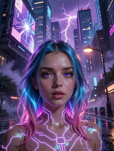 (experimental avant-garde artistic study of light and contrast), (striking low-angle closeup of a 20yo woman's brilliant brown eyes and violet pupils), (surreal scene with intense hair-glow lighting, HDR lighting, light bloom, god rays, lens flare, her hair dyed a gradient of electric blue fading into neon pink, each strand catching the ambient glow like liquid glass. The woman is sexually highly aroused. In her skin is overlaid with iridescent circuitry that pulses with a soft violet light, The background stretches into a sprawling cyber‑punk megacity, towering skyscrapers sheathed in glass and neon, their façades etched with intricate circuit‑like patterns that catch the occasional flash of distant thunder. Neon light from a colossal billboard washes the whole scene in a cold, violet‑tinged glow, while a nearby streetlamp adds a soft, warm rim of orange that outlines the girl’s silhouette. A constant drizzle creates a veil of fine mist that hovers in the air, catching particles of light and giving the atmosphere a humid, oppressive feel, while the wet pavement mirrors the kaleidoscope of colors above., (outdoors daylight scene), ((eye-level)), ((Front view)))