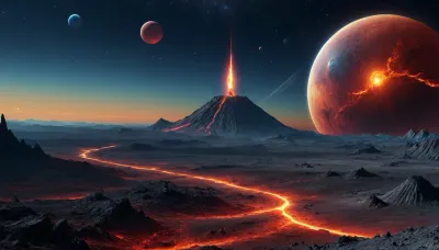fullcolor image, 8K quality, blue sparkling gas giant satellite planet, red moon, yellow alien strange landscape, firey volcanoes, small blue moon