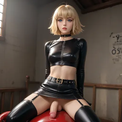 Jeanne d'Arc Alter from fate dross style reiq, sitting on rocking horse in bdsm cellar room, black tile walls, Ultra-realistic studio fashion portrait of an adult femboy, conceited moaning, mid-thigh to head framing, front view, straight-on camera angle, neutral seamless studio background in warm gray tones, soft directional studio lighting with controlled highlights and shadows, high contrast reflections on glossy materials, blonde woman with straight shoulder-length hair, clean center part, smooth natural hair texture, light blue eyes, sharp eyeliner, subtle smoky eye makeup, natural lips with soft nude tone, calm confident expression, closed lips, looking directly at the camera, wearing a black high-gloss latex outfit, form-fitting long-sleeve latex top with a high choker collar, cut-out shoulder design with thin straps, highly reflective latex surface with realistic specular highlights, matching black latex mini skirt, tan leather belt with gold metal buckle at the waist, thigh-high black stockings with visible garter band edge, slim athletic feminine body proportions, elegant posture, arms relaxed at sides, realistic skin texture where visible, high-fashion editorial style, luxury latex fashion photography, extreme material realism, sharp focus, ultra-high resolution, professional studio quality, cinematic lighting, modern minimalist aesthetic, ((front side view)), <lora:bdsmdungeon_v4:.8>, flaccid-futa, erect-penis, erect fat cock, big glans, <lora:SDXLlora13ErFut:.8>
