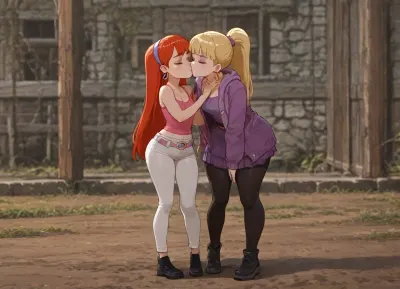 ((Pacifica Northwest from Gravity Falls:1.6), long beach blonde hair with bell-shaped bangs, dark blue eyes, heavy purple eyeshadow, pale skin, lavender hoop earrings, purple jacket over short lavender dress, periwinkle belt, black leggings, off-white boots), and, ((Summer Smith from Rick and Morty:1.6), fair skin, shoulder-length ginger red hair pulled back in a high ponytail, oval face, pointed nose, thin build, wide hips, average height body, bright magenta pink tank top, white capri pants, black slip-on shoes), kissing one another, making out