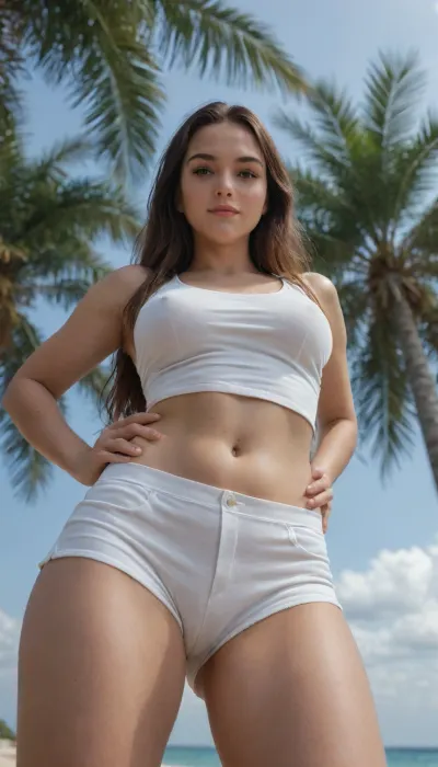 1girl, solo, tall body, sexy pose, at the beach, beautifully sunset beach scenery, cute little smirk, detailed eyes, thick medium breasts, curvy body, smooth realistic skin, wearing white tight nylon tank top, wearing white nylon short hot pants, looking at the audience, (bellow angle shot:1.4), (zoom out:1.4), (8k, RAW photo, best quality, masterpiece:1.2), (realistic:1.37), ultra-high resolution