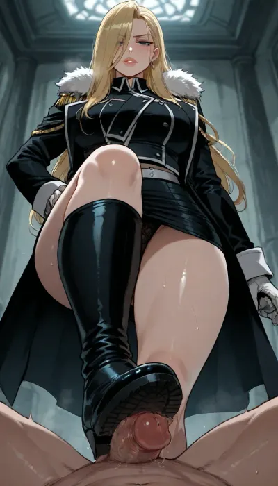 (Ratatatat74), (Olivier Mira Armstrong from Fullmetal Alchemist, thick lips, stern), boots footstomp, footjob, foot fetish, cock stomping, <lora:ratatatat74-000050:.8>