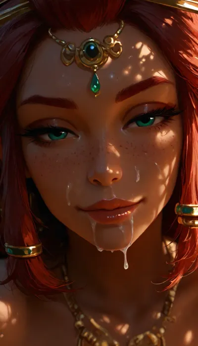 1girl, Riju from The Legend of Zelda, face makeup, jewelry, solo, smiling, abstract background, aqua background, lips, looking at viewer, seductive, half-closed eyes, cum dripping from side of her mouth, cum on face, Photorealistic, Hyper-detailed, 8k resolution, Sharp focus, Masterpiece, Extremely high fidelity, (perfect detailed face), (high realistic), (extreme realism), (dappled light, dappled sunlight), Natural blemishes, freckles, moles, discolorations, Subsurface scattering, ., <lora:MJ52:1.5>, <lora:attractive_notrigger:1.4>, <lora:BUT_SDXL_SHS:1.2>, <lora:Jeweled eyes-NAI:1.9>, <lora:dark:.9>