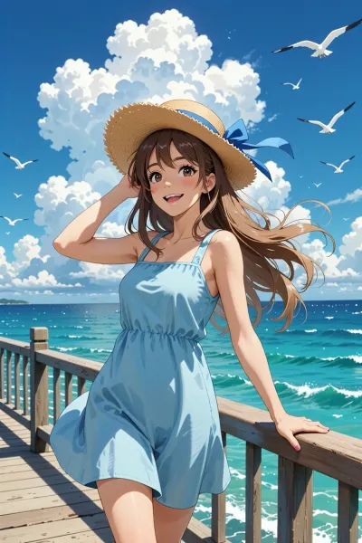 A vibrant and nostalgic digital illustration in the classic hand-drawn animation style and Studio Ghibli aesthetic. A young, smiling girl is depicted on a sun-drenched wooden boardwalk by the turquoise sea. A warm breeze ruffles her hair, and she gracefully holds the brim of her straw hat with a blue ribbon in one hand, while her other hand rests on the wooden railing. The girl is wearing a simple blue sundress that sways in the wind. In the background stretches an endless bright-blue sky dotted with fluffy cumulus clouds, and a flock of white seagulls circles over the sea. The soft watercolor texture, clean contour line art, and voluminous midday light create an indescribable atmosphere of coziness, joy, and carefree summer vacations.