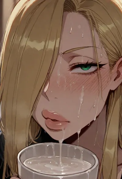 (Ratatatat74), (Olivier Mira Armstrong from Fullmetal Alchemist, thick lips), drinking cum, gokkun, cup of cum, <lora:ratatatat74-000050:.8>