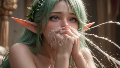 (Fantasy, cartoonish exaggerated scene, 21 year old green haired elf face, sexy, gorgeous, naked, cheek bulge, (elf has her own hands over her mouth, elf covering her mouth with her hands), exaggerated hyper-cum squirting from elf mouth, lots of hyper-cum squirting around hands, lots of hyper-cum squirting from between fingers, hyper-cum pouring down from elf chin), covering, her, mouth, with, both, hands, covmou, looking, embarrassed, <lora:EmbarrassedBlushing.1.0:1>