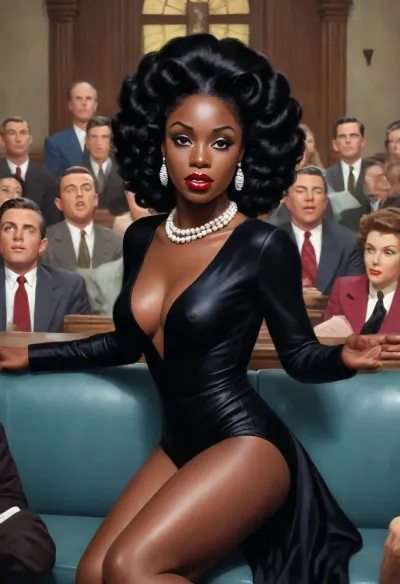 A highly detailed mid-century commercial illustration in authentic 1950s retro style, bold clean lines, vibrant yet period-accurate color palette, soft illustrative shading, and idealized figures typical of 1950s magazine and advertising art, depicting an explicit pornographic scene inside a large traditional United Pentecostal Church of the 1950s, Behind them, the full choir in modest conservative 1950s attire—women in long dresses with very long uncut hair and no makeup, men in suits—stands on tiered wooden risers, watching the scene with a mix of shock, arousal, and lingering worshipful expressions, some singers still holding hymnals.

my wife, 30yo black skin african woman, (ultra black skin woman:1.9), Chubby, Big Natural boobs, front view, naked in a night club, on a Blue plastic sofa. BREAK ., (I'm recording her), my wife make a gangbang porn video for fun, She Is fingering her pussy, White skin men fuck her, (very fat White skin men), (((oral sex))), anal sex, vaginal sex, (((double penetration:1.2))), (((One dick in pussy another dick in ass))), (((cum on tits))), (((cum on boobs))), ((a lot of cum)), High-quality, dynamic, full-body night photograph, cinematic style. A young, naked woman with long, dark hair streaming in the wind, styled in a 1940s/50s retro look. Her face conveys a mix of mischievous fury and joy, her eyes are wide and intense, and her mouth is parted in a fierce snarl, revealing clenched teeth. Flawless anatomy. She wears tribal-style silver ornaments on her head and neck. The aesthetic is dark fantasy with a dark-gray color palette, reminiscent of H.R. Giger. She is flying rapidly at night on a broomstick high above a forest and a river, the river below reflects the stars and the moon. The background is slightly motion-blurred in the direction of travel. The scene is charged with rapid motion and the glint of distant stars, the atmosphere is unsettling and mysterious. Aerial shot, (bird's-eye view), DJI Phantom 4 Pro drone camera.