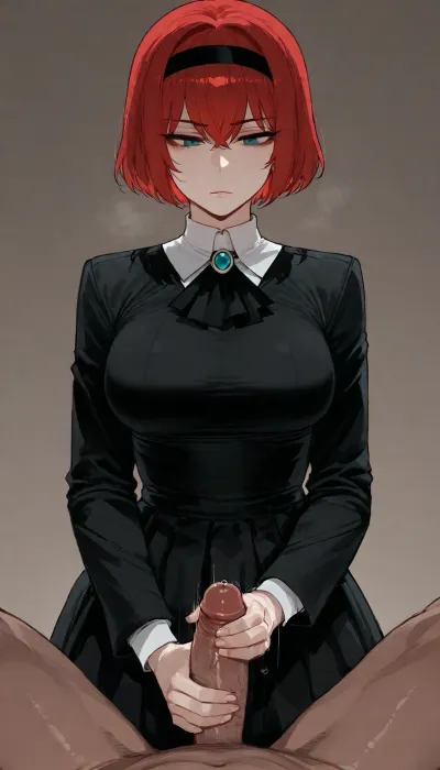 (Ratatatat74), (R. Dorothy Wayneright drom The Big O, emotionless), pov, handjob, simple background, <lora:ratatatat74-000050:.8>