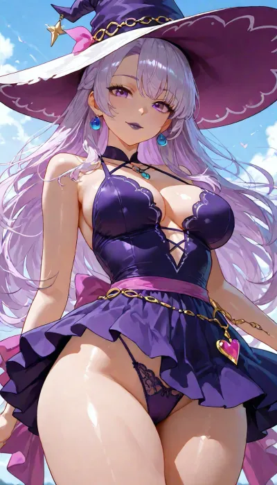 (((big beautiful anime eyes:1.2))), black lipstick, 25 year old Filipina witch, dynamic pose portrait, petite athletic toned firm body, bright purple blue, simple hat, ethereal whimsy aesthetic, subtle panties under short nano skirt, lace and satin, <lora:add-detail-xl:1.2>, <lora:attractive_notrigger:1.2>, <lora:detailed_notrigger:1.2>, <lora:LCMTurboMix_Euler_A_fix:1.2>, cute smile