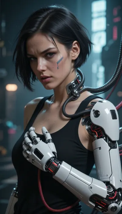 score_9, score_8, masterpiece, best_quality, highres, muted colors tone, ((masterpiece)), ((best quality)), (ultra detailed), amazing quality, (impressionism:1.5), very aesthetic, newest, (ultra-HD, 8k:1.2), realistic, Create a highly detailed, cinematic-style image in a cyberpunk aesthetic. adult female woman, A digital illustration portrait, featuring a determined-looking female cyborg with short, dark, choppy hair. Significant cybernetic augmentation includes thick cabling integrated into her neck and spine, and a powerful, segmented white-plated robotic arm and hand revealing underlying red wiring/components. A subtle cybernetic port is visible on her cheek/temple. Her expression is intense and focused, eyes narrowed. She wears a simple black tank top, revealing toned musculature alongside the cybernetics. The lighting is dramatic and high-contrast, with a bright backlight illuminating parts of her form and casting deep shadows, set against a blurry, cool-toned cyberpunk cityscape. Focus on functional combat cybernetics, intense focus, and gritty bio-mechanical integration. the scene has a tone of dark sinister yet epic themes.