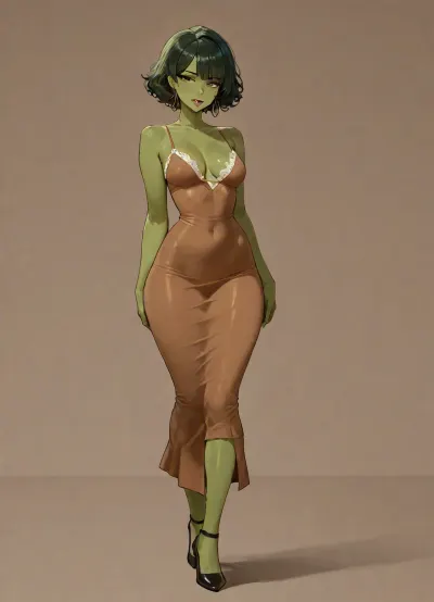 masterpiece, best quality, absurdres, newest, highres, very aesthetic, 1girl, solo, mature female, adult, short, toned, medium breasts, small breasts, narrow waist, wide hips, olive skin, brown eyes, green hair, short hair, curly hair, straight bangs, black roots, aquiline nose, asymmetrical eyebrows, tongue piercing, hoop earrings, brown sundress, tight dress, cotton bra, cotton panties, high heels, mole on back, standing, full body, looking at viewer, simple background, soft lighting, detailed face, detailed eyes