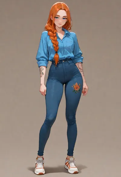 masterpiece, best quality, absurdres, newest, highres, very aesthetic, 1girl, solo, mature female, adult, extremely_long_hair, orange_hair, straight_hair, braid, hair over shoulder, blue_eyes, small_breasts, skinny, pale_skin, freckles, dense freckles, narrow face, thick eyebrows, button nose, lip piercing, tattoo, rib tattoo, thigh tattoo, collared shirt, blue shirt, jeans, sneakers, clothes over underwear, (red bra:.45), (red panties:.45), (satin:.35), fully clothed, underwear under clothes, standing, full body, looking at viewer, simple background, soft lighting, detailed face, detailed eyes