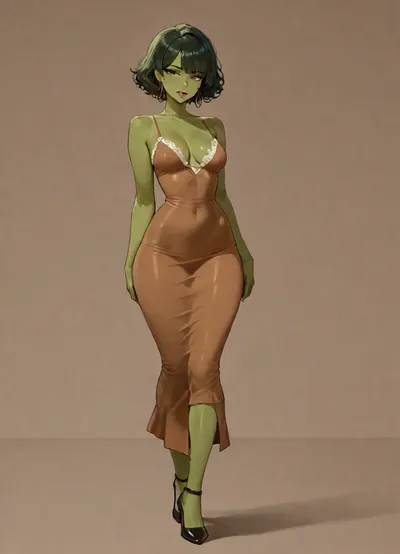 masterpiece, best quality, absurdres, newest, highres, very aesthetic, 1girl, solo, mature female, adult, short, toned, medium breasts, small breasts, narrow waist, wide hips, olive skin, brown eyes, green hair, short hair, curly hair, straight bangs, black roots, aquiline nose, asymmetrical eyebrows, tongue piercing, hoop earrings, brown sundress, tight dress, cotton bra, cotton panties, high heels, mole on back, standing, full body, looking at viewer, simple background, soft lighting, detailed face, detailed eyes