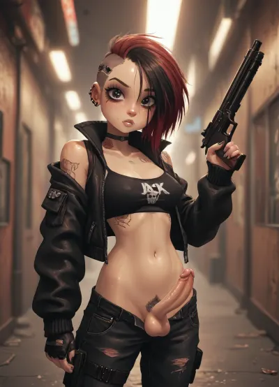 (Jack cayless art style), adult futanari woman, cyberpunk, half robot body, colored hair, punk sidecut haircut, multicolored clothes, cyberpunk clothes, trimmed pubes, holding a shotgun, small cock
