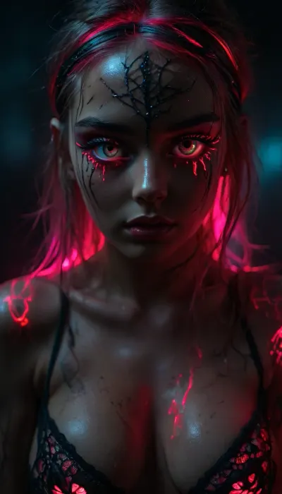 (extremely feminine robot, gorgeous cutie cyborg), (((incredibly young robotic hottie is mind controlled, extremely horny))), neon pink, black light, phosphorescent, (hair half up half down), (((neon lace))), (detailed face and eyes), (((mind controlled obsessed wild glowing eyes:1.8))), (freckles), (dynamic light), (very sweaty incredibly tattooed metallic body), ((wearing a mind control headband over her hair and forehead:1.3)), (centered), (max detail), 32k, (34dd cleavage), ((perfect)), (((underground rave club))), secret, cyberpunk dance music, ((disco lights)), ((incredibly gigantic breast implants)), ((extreme breast expansion)), ((glistening wet tattooed skin)), ((robotic arms)), ambiance, facing camera, ((exhausted mind controlled android slut looking submissive at viewer)), front view, symmetrical, ((younger cuter:1.7)), but, <lora:attractive_notrigger:1.8>, <lora:BUT_SDXL_SHS:1.2>, <lora:Vivid Midjourney mimic - XL SDXL v2.0:1.2>, <lora:RMSDXL_Enhance:2>, <lora:dark:2>