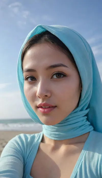 HD, masterpiece, 3 asian hiijab girls wearing open soft texture shirt, undercap covering forehead, turtleneck, light blue, long sleeves, bottomless, tight breasts, perky nipples, hard areolas, exposed naked hairy pussy, extremely thick pubic hair, full body view, extremely detailed face, happy, strong front shadow, beach, clear blue sky, selfie photo, closeup, hentai anime style, vector graphic style