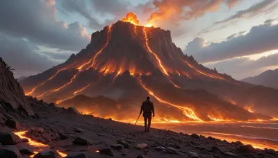 An erupting, irregularly shaped volcano in a major city. It spews glowing lava and clouds of black and grey smoke. Lava is hurled kilometres away from the volcanic crater. The smoke rises kilometres into the air. Lava flows cascade down the slopes of the volcano, incinerating everything in their path. Many buildings and roads have already been destroyed by the volcano or are on fire.
