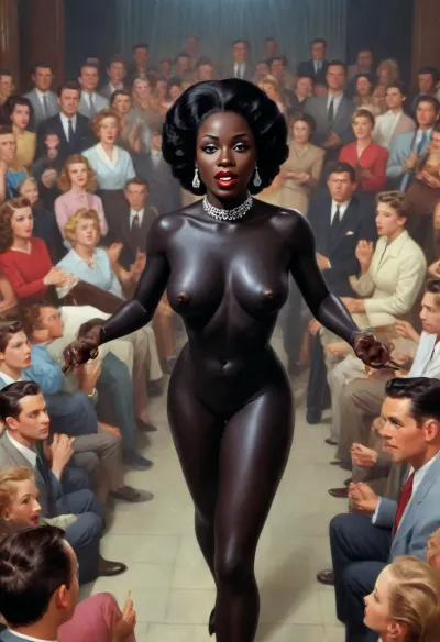 A highly detailed mid-century commercial illustration in authentic 1950s retro style, bold clean lines, vibrant yet period-accurate color palette, soft illustrative shading, and idealized figures typical of 1950s magazine and advertising art, depicting an explicit pornographic scene inside a large traditional United Pentecostal Church of the 1950s, Behind them, the full choir in modest conservative 1950s attire—women in long dresses with very long uncut hair and no makeup, men in suits—stands on tiered wooden risers, watching the scene with a mix of shock, arousal, and lingering worshipful expressions, some singers still holding hymnals.

my wife, 30yo black skin african woman, (ultra black skin woman:1.9), Chubby, Big Natural boobs, front view, naked in a night club, on a Blue plastic sofa. BREAK ., (I'm recording her), my wife make a gangbang porn video for fun, She Is fingering her pussy, White skin men fuck her, (very fat White skin men), (((oral sex))), anal sex, vaginal sex, (((double penetration:1.2))), (((One dick in pussy another dick in ass))), (((cum on tits))), (((cum on boobs))), ((a lot of cum)), High-quality, dynamic, full-body night photograph, cinematic style. A young, naked woman with long, dark hair streaming in the wind, styled in a 1940s/50s retro look. Her face conveys a mix of mischievous fury and joy, her eyes are wide and intense, and her mouth is parted in a fierce snarl, revealing clenched teeth. Flawless anatomy. She wears tribal-style silver ornaments on her head and neck. The aesthetic is dark fantasy with a dark-gray color palette, reminiscent of H.R. Giger. She is flying rapidly at night on a broomstick high above a forest and a river, the river below reflects the stars and the moon. The background is slightly motion-blurred in the direction of travel. The scene is charged with rapid motion and the glint of distant stars, the atmosphere is unsettling and mysterious. Aerial shot, (bird's-eye view), DJI Phantom 4 Pro drone camera.