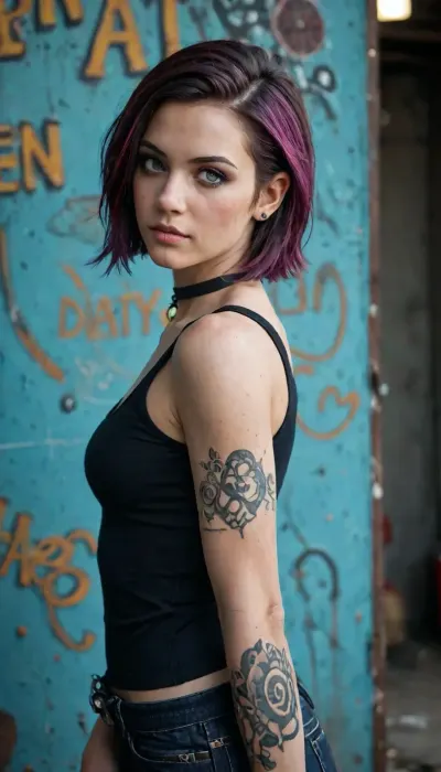 Hyper-realistic digital illustration, tight side-profile composition, captivating young woman embodying a gritty cyberpunk punk aesthetic, looking directly into the lens with a resolute and piercing gaze, intense expressive eyes, pale porcelain skin, vibrant purple hair styled in an asymmetrical messy way, shaved undercut on one side, contrasting streaks of electric hot pink weaving through the layers, black industrial goggles perched atop her head, form-fitting charcoal black tank top, ample emphasis on a feminine silhouette, skin adorned with professional, modern high-contrast colorwork tattoos wrapping around her arm, plain black leather choker, matching heavy matte leather cuff bracelet, confident defiant posture, exuding an aura of rebellious individuality, setting is a urban alleyway, walls layered in vivid chaotic graffiti art, neon splatters, urban decay, depth of field blurring the gritty look, dramatic cinematic lighting, sharp focus, ultra-high resolution, 8k, hyper-detailed fabric textures, vibrant color grading, moody atmosphere. Digital artwork masterpiece., ((3D)), CGI, (Borderlands:1.25), Borderlands Style Artwork, 3D Cell Shading, Comic-Style Outlines, Fine Details, (AAA Game Style:1.3), (Unreal Engine 5 Rendering:1.25), (Cinematic Realism:1.25), Photorealistic Textures