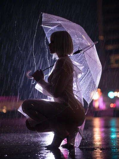 A partial silhouette of a naked woman squatting, side-view, standing, hands holding an open clear umbrella. High-heel shoes. Blond bob hair cut, she wears a clear rain coat, A soft highlight pics out her face from the darkness, Vertical rain rendered as glowing violet-purple light trails streaking downward off the umbrella edge, soft wet-glass texture with sharp raindrop streaks in the near foreground, dreamy out-of-focus bokeh lights in warm pink, orange and cool teal glowing softly behind, wet reflective ground, long exposure light painting style, high contrast black and purple palette with soft romantic bokeh glow, moody night atmosphere