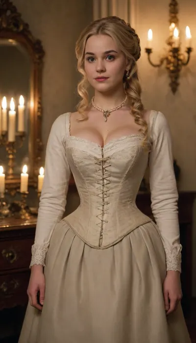 A charming 20-year-old blonde socialite in an 1850s wealthy European manor, standing in the candlelit dressing room of her family's grand estate. She has long blonde hair arranged in an elaborate fashionable mid-19th-century hairstyle, soft rounded facial features and a sweet, adorable expression.

She has a noticeably plus-size, very soft and generously rounded figure, including a large, prominent belly. She is in the process of getting dressed for an elegant evening gathering and is struggling with a traditional white whalebone corset. The corset is already around her waist, but she cannot quite fasten or lace it closed over her rounded belly. She looks mildly embarrassed and amused by the situation rather than distressed.

She wears a modest period undergarment beneath the corset, with a partially completed 1850s outfit waiting nearby, a voluminous skirt, petticoats, blouse and other elegant clothing pieces arranged around the room. Rich wooden furniture, an ornate dressing table, mirrors, folded fabrics and several glowing candles create a warm, luxurious atmosphere.

Highly detailed historical clothing and hairstyle, authentic 1850s interior design, realistic fabric textures, natural body proportions, soft candlelight, cinematic composition, photorealistic historical portrait, warm and elegant atmosphere., <lora:Chubby BBW - XL:2>