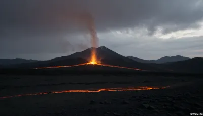 An erupting, irregularly shaped volcano in a major city. It spews glowing lava and clouds of black and grey smoke. Lava is hurled kilometres away from the volcanic crater. The smoke rises kilometres into the air. Lava flows cascade down the slopes of the volcano, incinerating everything in their path. Many buildings and roads have already been destroyed by the volcano or are on fire.