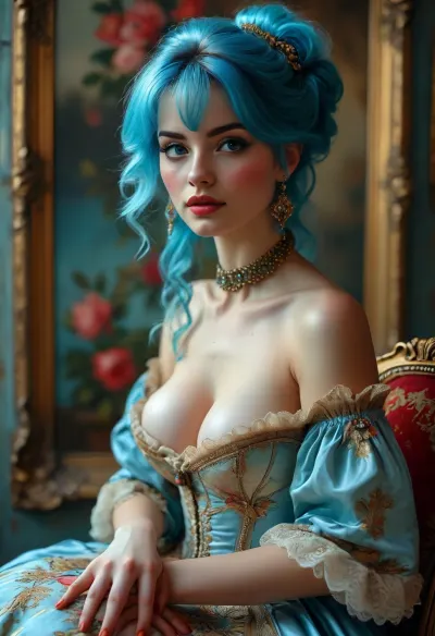 woman, a painting of a women, inspired by Jean-Baptiste van Loo, trending on cg society, rococo, medieval high fashion, sakimichan frank franzzeta, imperial royal elegant clothing, cream and blue underbust attire, 18 year old aristocrat, elegant glamorous cosplay, rococo color palette, by Magali Villeneuve, fully clothed. painting of sexy, aesthetic, trending on pintrest, blue hair in an elegant and elaborate hairstyle, the empress tarot card, historical reenactment, perfect hands, five fingers, perfect fingers, correct arms, correct hands, perfect legs, perfect body, correct clothes, correct anatomic body, correct anatomic legs, correct anatomic hands, correct fingers, only five fingers, correct anatomy, correct body, correct legs, large, breasts, big, boobs, huge, tits, detailxl, Stable-Yogis-Makeup-Enhancer-XL, but, <lora:bombshell_v2:2>, <lora:MJ52:2>, <lora:BUT_SDXL_SHS:1.4>