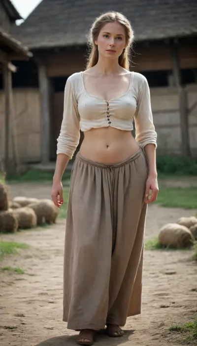 Three 16th century peasant women, extremely long thin sagging breasts, stretched, ultra elongated, hard nipples, very hairy pussy, long medieval skirt, upskirt, farm yard