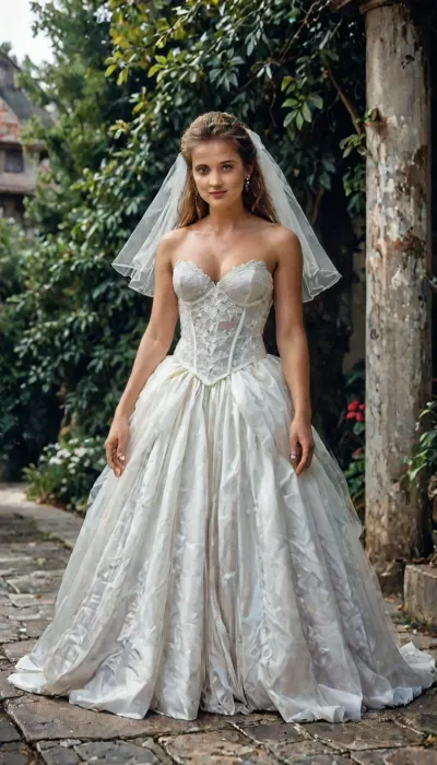 8k, score_9, score_8_up, score_7_up, FILM PHOTOGRAPHY STYLE, cinematic photography of a woman, professional portrait photo realism, Generate an image of A cinematic fashion editorial photography of a beautiful May bride. She is wearing an elegant white wedding dress and a long, flowing bridal veil fluttering dramatically in the gentle spring breeze. Bright sunny day, warm golden hour sunlight filtering through fresh green spring leaves, soft focus. and romantic atmosphere, Stunning full Body, Squeezing Massive Cleavage, Transparent Corset, lingerieLook, tight Fitting Wedding Dress, Sexy Bride Ai, hyper-realistic, 8k resolution, photorealistic, intricate lace details on the dress, full body view, <lora:detailed_notrigger:2>, <lora:ratatatat74-000050:1.5>, <lora:NEOTOKIOXL_0.2_RC:1.5>, <lora:LCMTurboMix_Euler_A_fix:1>, <lora:80s_Glamour_Shots:.8>