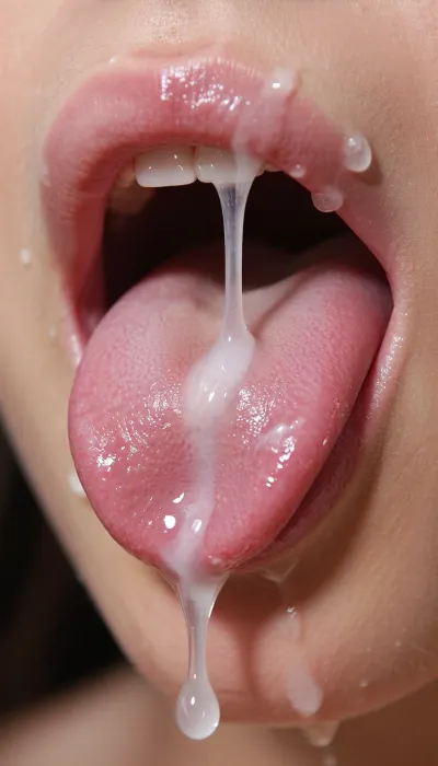 Extreme close-up of a young woman's open mouth, soft pink full lips slightly parted, lower lip shiny and wet, upper teeth barely visible, long pink tongue extended forward and slightly downward in a sensual pose, thick viscous translucent milky-white fluid dripping from the tip and underside of the tongue in long sticky strands and droplets, some fluid also on the lower lip and chin, small clear droplets of saliva on the upper lip and skin around the mouth, realistic wet skin texture, detailed tongue papillae, soft natural skin tone, shallow depth of field, soft natural lighting, highly detailed photorealistic, 8k