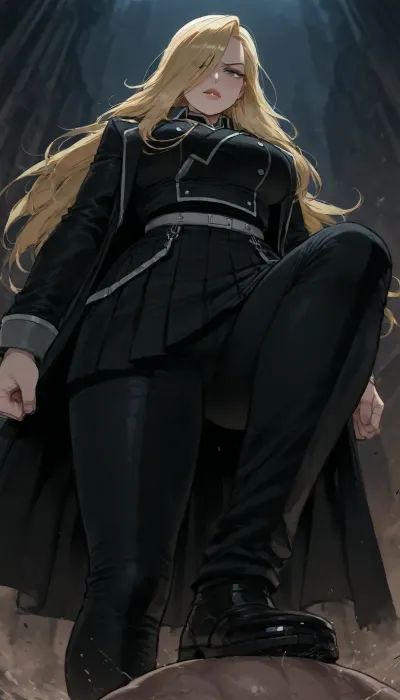 (Ratatatat74), (Olivier Mira Armstrong from Fullmetal Alchemist, thick lips, stern), solo, stomping, <lora:ratatatat74-000050:.8>