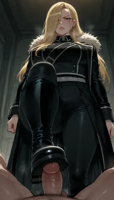 (Ratatatat74), (Olivier Mira Armstrong from Fullmetal Alchemist, thick lips, stern), boots, footstomp, footjob, foot fetish, cock stomping, cbt, <lora:ratatatat74-000050:.8>