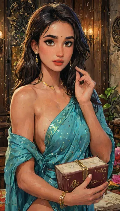 (1woman), indian, punjabi, disha patani, focus on face, beautiful eyes, (mature adult face), a princess queen in an indian sari costume, indian art, She wears a traditional sari with blue and gold stripes, beautiful face, perfect hands, full lips, long black hair, brown eyes, smooth skin, naughty girl, (romantic vibes, intimate moment), indian temples in Background, (horny, hungry expression, freckles, blushing, flushed face, seductive pose, hand up, one of her hand's in her hair), futuristic-fantasy-anime, (ultra, HD, quality, details), (green, eyes), comic, book, dishap, <lora:dishap:2>, Indian, Silk, Lehnga, Sari, 1girl, <lora:Anime_Style_Indian_Dresses_Lehnga__Sari:.8>, uberfit, muscular, athletic, perfect anatomy, best quality, 8k, insane details, intricate details, hyperdetailed, hyper quality, ultra detailed, professional, HDR, ray tracing reflection, cinematic lighting, highlydetailedbody, realisticface, highlydetailedhair, perfectfingers, insanelydetailed, 8K.highdetailedskin, highresolution, (j_cartoon:1.5), Drawing, <lora:samdoesarts1.1-000030:.4>, <lora:J_cartoon:.3>, <lora:Animated_Concept:.4>