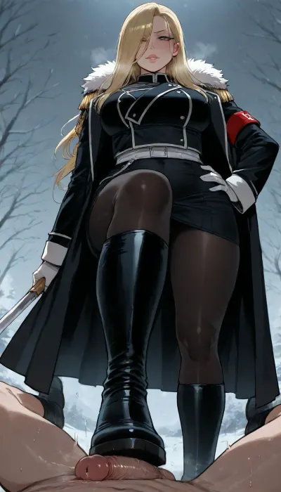 (Ratatatat74), (Olivier Mira Armstrong from Fullmetal Alchemist, thick lips, stern, dressed), boots, footstomp, footjob, foot fetish, cock stomping, cbt, femdom, cold, snowy background, <lora:ratatatat74-000050:.8>