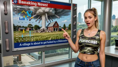 masterpiece, 4K, high detail, high resolution, 19 yo woman, dushi girl, very attractive face, her face is detailed without visual flaws, her nose is anatomically perfect, elegant jawline, standing, she is fully wearing a weather forecast uniform" and underneath it she wears an urban camo latex tanktop with the text correctly spelled "Forecast", (her breasts are not exposed), large belly button piercing, she wears jeans, she points at the forecast screen, light-blonde hair in a ponytail, a silver necklace, open mouth with shocked expression, energetic pose, (inside a building with large glass windows with a view outside of a city and there is a very detailed large wall mounted weather forecast display with temperature graphs and a village with a field of grass in front of a barn which got destroyed by a large hurricane and correctly spelled text inside a blue bar underneath "A village is about to get fucked by a Dildonado!" On top is correctly spelled text inside a red bar "Breaking News!" there are many penis shaped large gray dildos inside the hurricane cloud), The environment is a weather forecast room with a large wall mounted forecast screen in the background, she is standing on the right side, Natural light illuminates the scene, casting soft shadows. The colors are muted and natural, with greens and yellows dominating the palette, The overall mood is casual, friendly and indoorsy, The composition is a full shot, front-level view, she looks at the viewer, showcasing the subject from the side, capturing a relaxed and approachable atmosphere, The perspective is straight-on, displaying a calm and neutral outlook, The textures are smooth and natural on clothing, everything is in sharp focus from the camera.