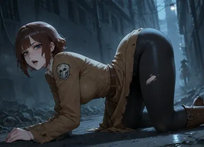 masterpiece, best quality, absurdres, newest, highres, very aesthetic, 1girl, solo, mature female, adult, zombie, undead, short hair, dark brown hair, wavy hair, straight bangs, blue eyes, narrow eyes, pale skin, freckles, medium breasts, skinny, tall female, broad shoulders, pointed chin, thin eyebrows, sharp jaw, septum piercing, tattoo, scar, collared shirt, leggings, trench coat, boots, torn clothes, dirty clothes, tattered clothes, clothes over underwear, (grey bra:.45), (grey panties:.45), (cotton:.3), fully clothed, underwear under clothes, crawling, on all fours, crawling on ground, from side, low angle, looking at viewer, empty eyes, open mouth, ruined street, night, fog, dramatic lighting, detailed face, detailed eyes