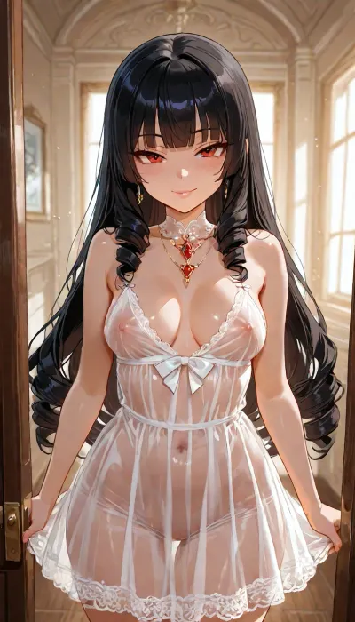 anime style, cute girl, (purity face:1.5), black long hair, (ringlet:1.3), blunt bangs, (round face:1.3), (tsurime), red eyes, big eyes, (naughty face), ((mischievous smile)), pink lips, glossy lips, petite, short stack, medium breast, perky breasts, standing, white see-through dress, slip nipple, <lora:add-detail-xl:1.2>, <lora:attractive_notrigger:1.2>, <lora:detailed_notrigger:1.2>, <lora:LCMTurboMix_Euler_A_fix:1.2>
