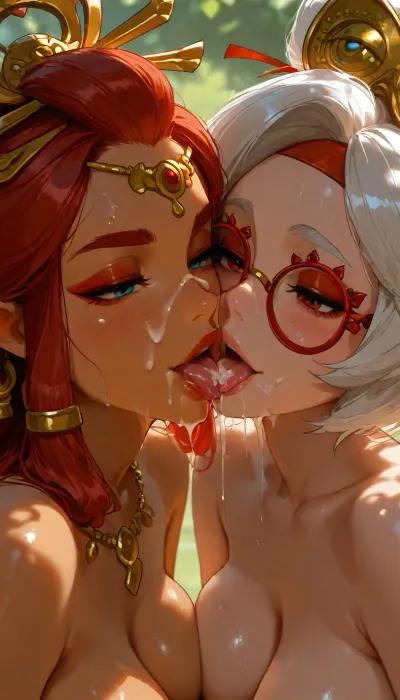 2girls, cum on nose, medium shot., (facial), upper body shot. view from front, Riju from The Legend of Zelda, Purah From legends of zelda, upper body photo, medium breasts, 3/4 body view, visible breasts, kissing tongues, saliva, open mouth, tongue out, lips, licking, seductive, half-closed eyes, cum dripping from her side of mouth, cum dripping from tongue, facial, smile, horny face, naughty face, blushing., (dappled light, dappled sunlight), <lora:add-detail-xl:2>, <lora:MJ52:1.4>, <lora:BUT_SDXL_SHS:1.1>, <lora:Jeweled eyes-NAI:1>, <lora:SDXL Detail:1.2>