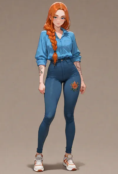 masterpiece, best quality, absurdres, newest, highres, very aesthetic, 1girl, solo, mature female, adult, extremely_long_hair, orange_hair, straight_hair, braid, hair over shoulder, blue_eyes, small_breasts, skinny, pale_skin, freckles, dense freckles, narrow face, thick eyebrows, button nose, lip piercing, tattoo, rib tattoo, thigh tattoo, collared shirt, blue shirt, jeans, sneakers, clothes over underwear, (red bra:.45), (red panties:.45), (satin:.35), fully clothed, underwear under clothes, standing, full body, looking at viewer, simple background, soft lighting, detailed face, detailed eyes