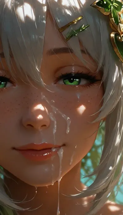 1girl, NAHIDA from Genshin Impact, hairclip, sidelocks tied back, solo, smiling, abstract background, aqua background, lips, looking at viewer, seductive, half-closed eyes, cum dripping from side of her mouth, cum on face, Photorealistic, Hyper-detailed, 8k resolution, Sharp focus, Masterpiece, Extremely high fidelity, (perfect detailed face), (high realistic), (extreme realism), (dappled light, dappled sunlight), Natural blemishes, freckles, moles, discolorations, Subsurface scattering, ., <lora:MJ52:1.5>, <lora:attractive_notrigger:1.4>, <lora:BUT_SDXL_SHS:1.2>, <lora:Jeweled eyes-NAI:1.9>, <lora:dark:.9>