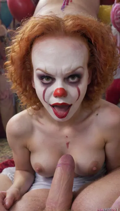 Nude Woman, clown face painting, red curly hair, twintale, blowjob, massive cum sobber, pull hair, circus, Pennywise, <lora:Pennywise:.8>, grand, c1rcus, <lora:grand_c1rcus:.8>, Candy, Land, <lora:Candy_land_2:.8>, pov_deepthrt, deepthroating, a, man's, penis, blsdp, <lora:concept_pov_dt_xl2-000020:.8>