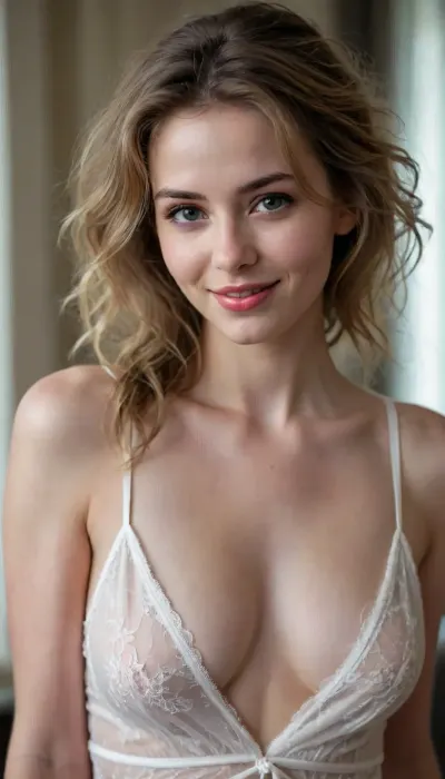 beautiful sexy slender young lady, hot sweaty pale white skin, kind soft, flirty eyes, flirty smirk smile, rough tangled hair, shear nightwear