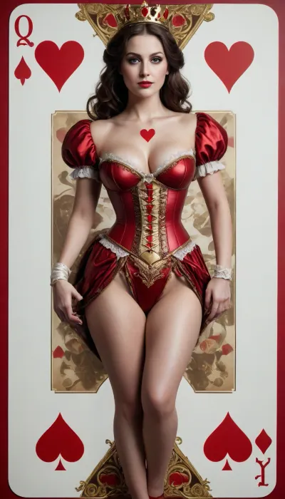 adaptation of a playing card game, Queen of Hearts card, sexualized full-body image of the woman depicted on the Queen of Hearts playing card